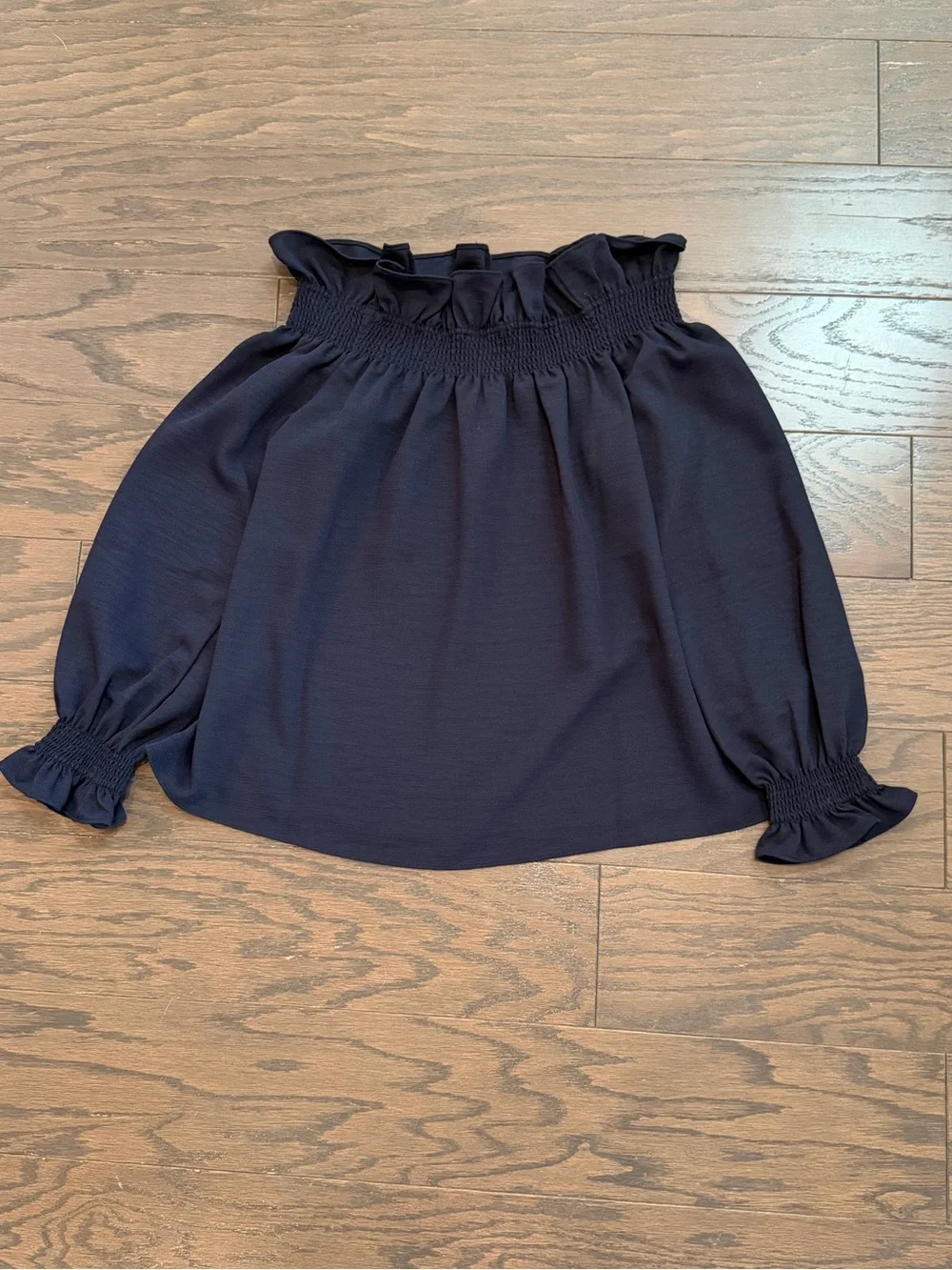 Tuckernuck Marguerite Off the Shoulder Navy Ruffle Blouse Smocked Top Size XS